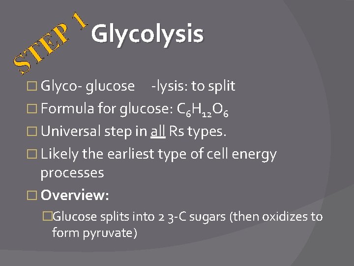 P E T S 1 Glycolysis � Glyco- glucose -lysis: to split � Formula