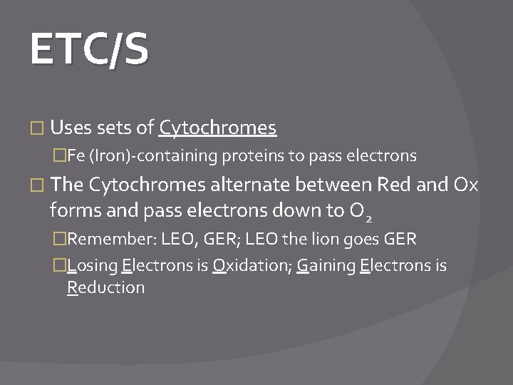 ETC/S � Uses sets of Cytochromes �Fe (Iron)-containing proteins to pass electrons � The