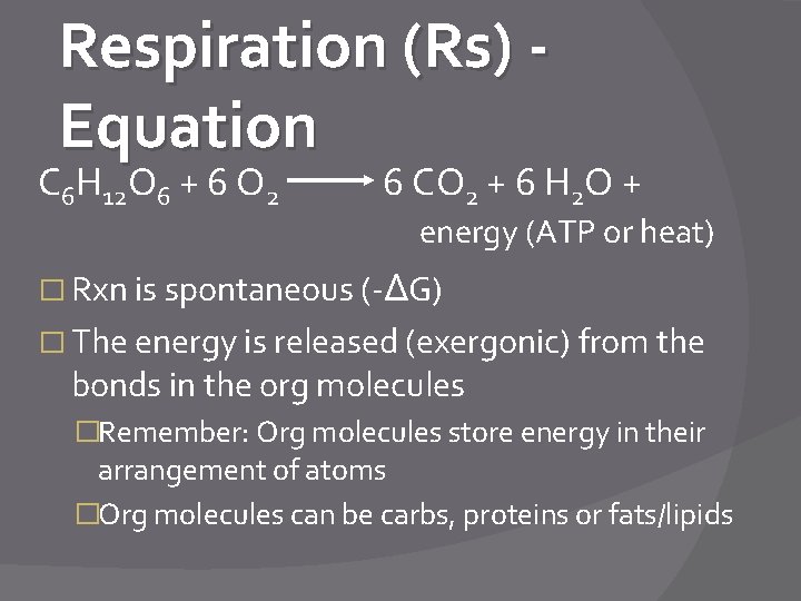 Respiration (Rs) Equation C 6 H 12 O 6 + 6 O 2 6