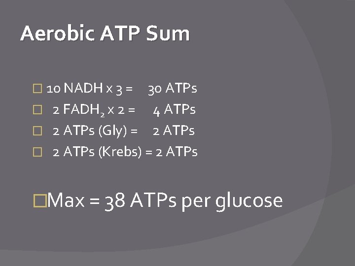 Aerobic ATP Sum � 10 NADH x 3 = 30 ATPs � 2 FADH