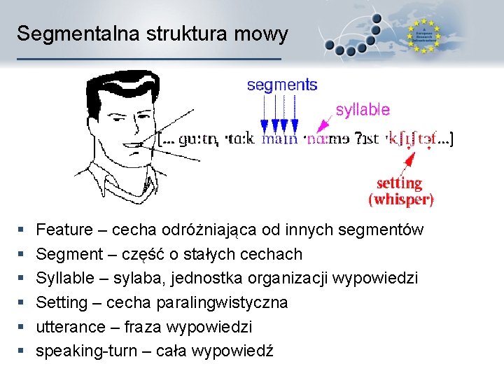 Segmentalna struktura mowy § § § Feature – cecha odróżniająca od innych segmentów Segment