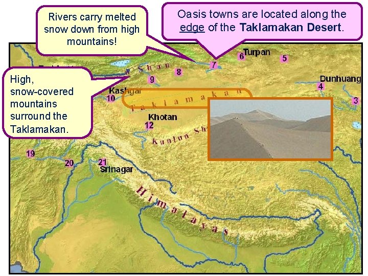 Rivers carry melted snow down from high mountains! High, snow-covered mountains surround the Taklamakan.