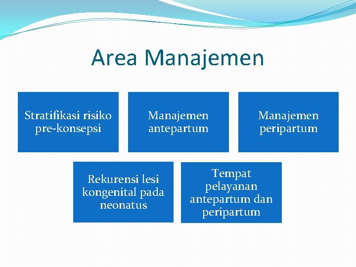 Area Manajemen Stratifikasi risiko pre-konsepsi Manajemen antepartum Rekurensi lesi kongenital pada neonatus Manajemen peripartum