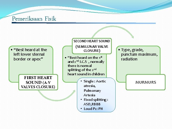 Pemeriksaan Fisik SECOND HEART SOUND • “Best heard at the left lower sternal border