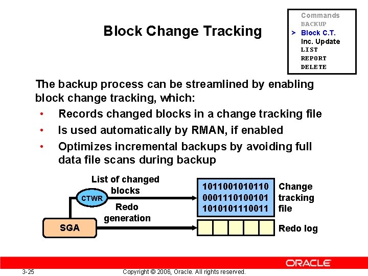 Block Change Tracking Commands BACKUP > Block C. T. Inc. Update LIST REPORT DELETE