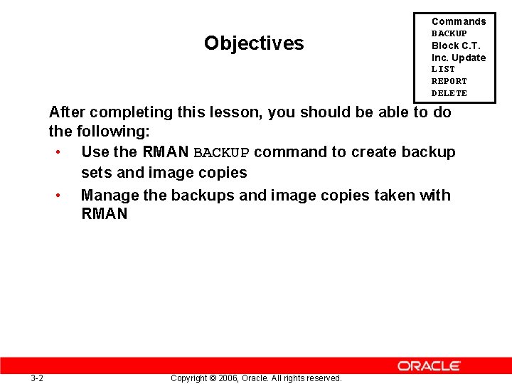 Objectives Commands BACKUP Block C. T. Inc. Update LIST REPORT DELETE After completing this