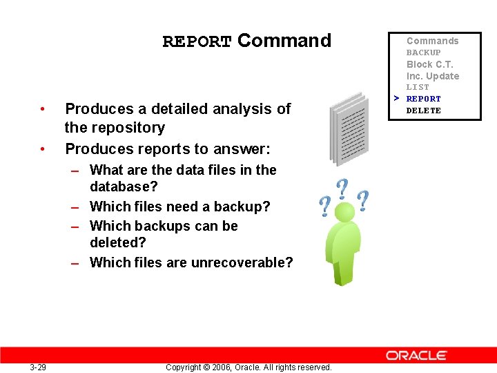 REPORT Command • • Produces a detailed analysis of the repository Produces reports to