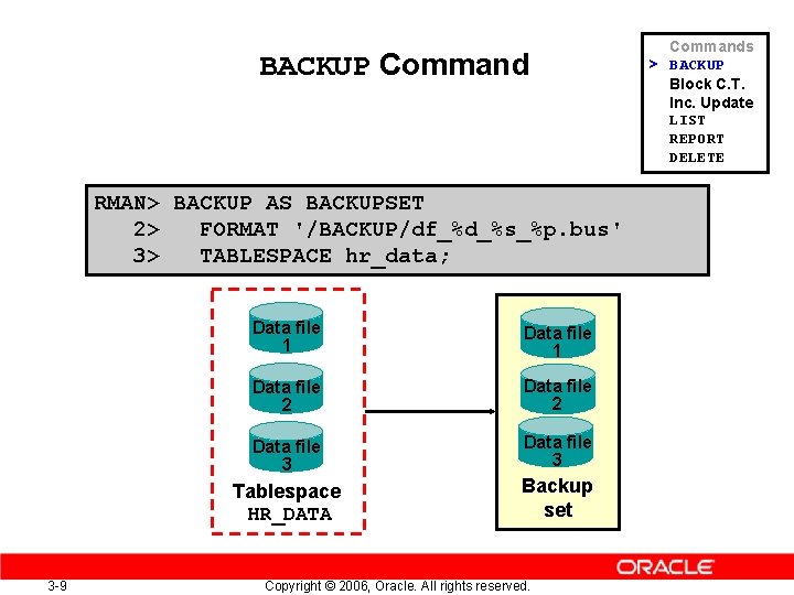 BACKUP Command RMAN> BACKUP AS BACKUPSET 2> FORMAT '/BACKUP/df_%d_%s_%p. bus' 3> TABLESPACE hr_data; 3