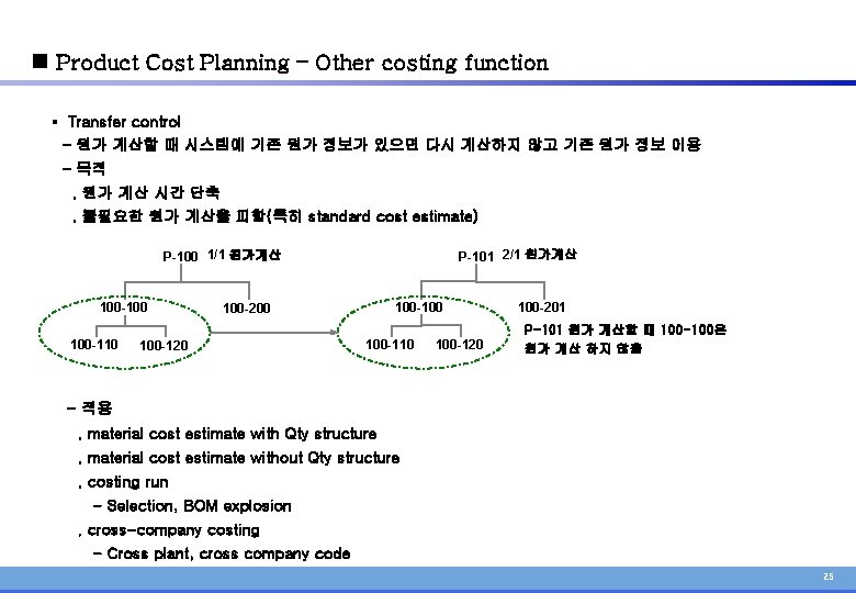 n Product Cost Planning – Other costing function § Transfer control - 원가 계산할