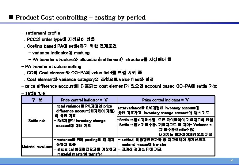 n Product Cost controlling – costing by period - settlement profile. PCC의 order type에