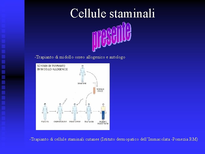 Cellule staminali -Trapianto di midollo osseo allogenico e autologo -Trapianto di cellule staminali cutanee