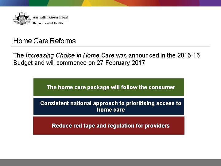 Home Care Reforms The Increasing Choice in Home Care was announced in the 2015