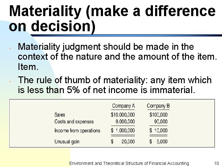 Materiality (make a difference on decision) • • Materiality judgment should be made in