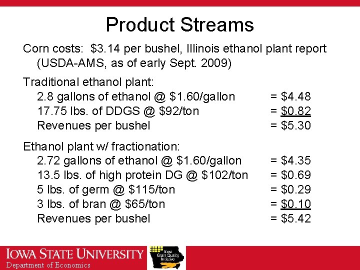 Product Streams Corn costs: $3. 14 per bushel, Illinois ethanol plant report (USDA-AMS, as