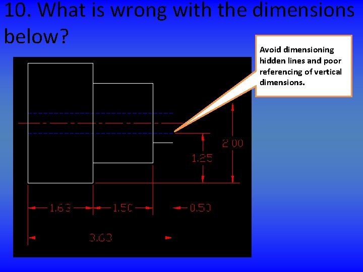 10. What is wrong with the dimensions below? Avoid dimensioning hidden lines and poor