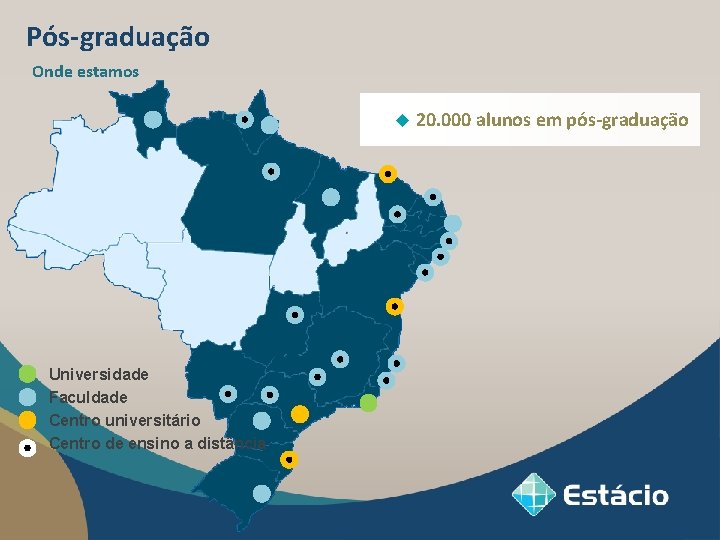 Pós-graduação Onde estamos u 20. 000 alunos em pós-graduação Universidade Faculdade Centro universitário Centro