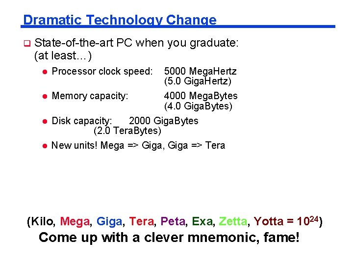Dramatic Technology Change q State-of-the-art PC when you graduate: (at least…) l Processor clock Dramatic Technology Change q State-of-the-art PC when you graduate: (at least…) l Processor clock