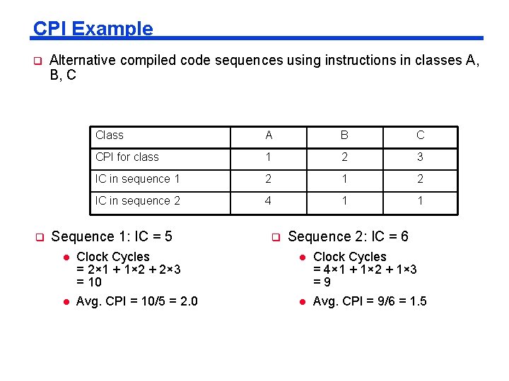 CPI Example q q Alternative compiled code sequences using instructions in classes A, B, CPI Example q q Alternative compiled code sequences using instructions in classes A, B,