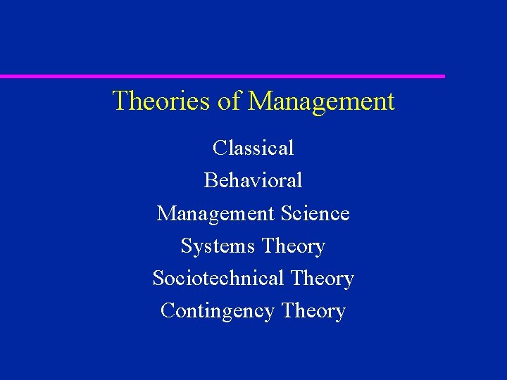 Theories of Management Classical Behavioral Management Science Systems Theory Sociotechnical Theory Contingency Theory 