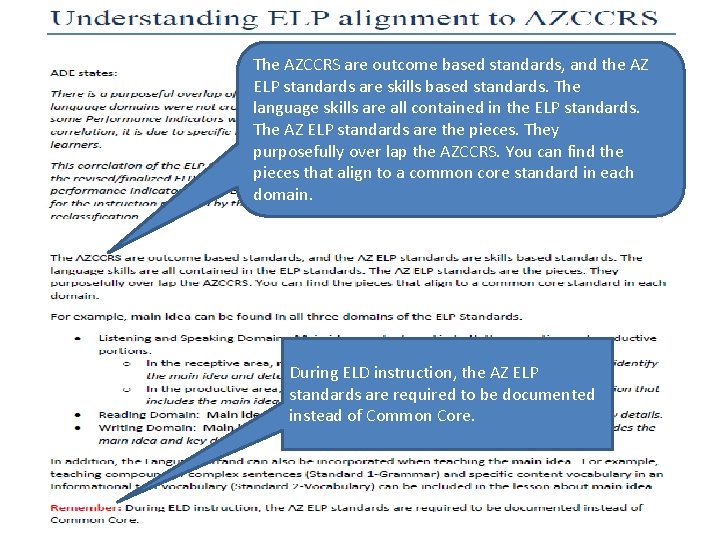The AZCCRS are outcome based standards, and the AZ ELP standards are skills based The AZCCRS are outcome based standards, and the AZ ELP standards are skills based