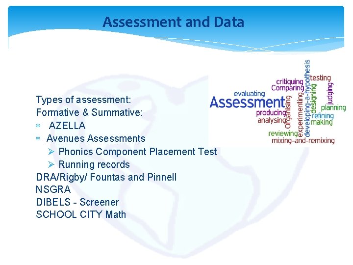 Assessment and Data Types of assessment: Formative & Summative: AZELLA Avenues Assessments Ø Phonics Assessment and Data Types of assessment: Formative & Summative: AZELLA Avenues Assessments Ø Phonics