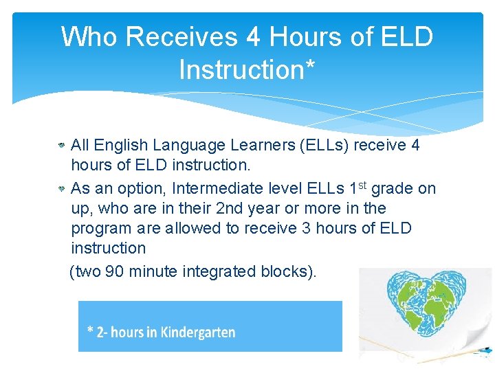 Who Receives 4 Hours of ELD Instruction* All English Language Learners (ELLs) receive 4 Who Receives 4 Hours of ELD Instruction* All English Language Learners (ELLs) receive 4
