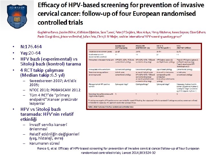  • • N: 176. 464 Yaş: 20 -64 HPV bazlı (experimental) vs Sitoloji