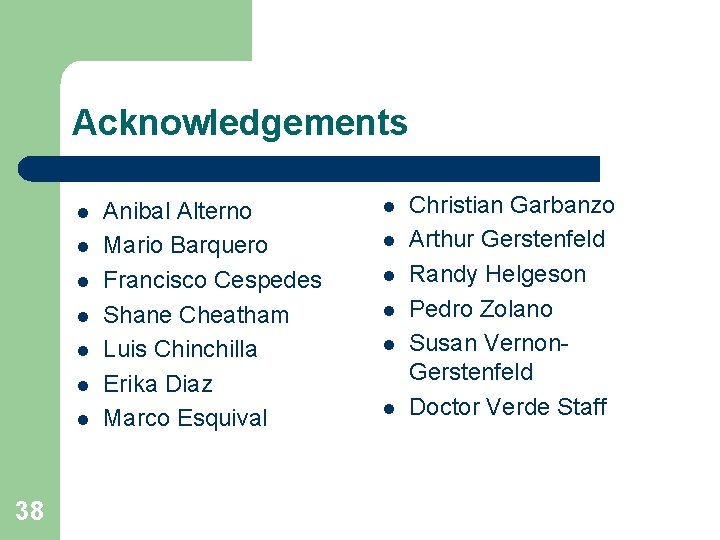 Acknowledgements l l l l 38 Anibal Alterno Mario Barquero Francisco Cespedes Shane Cheatham