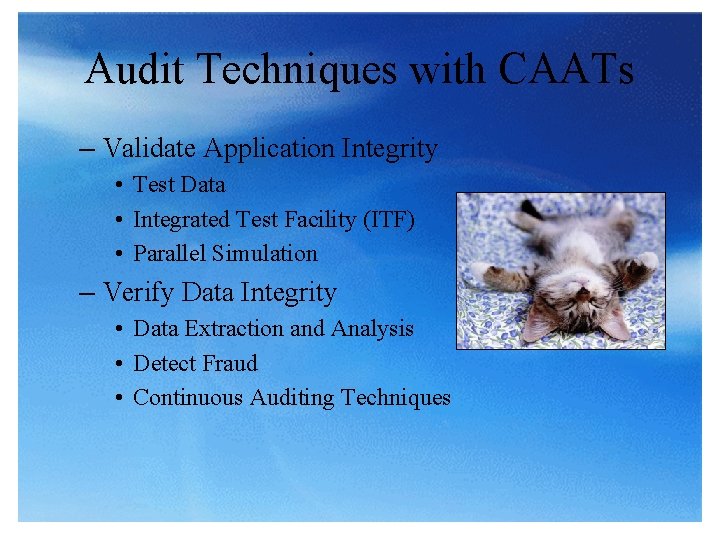 Audit Techniques with CAATs – Validate Application Integrity • Test Data • Integrated Test