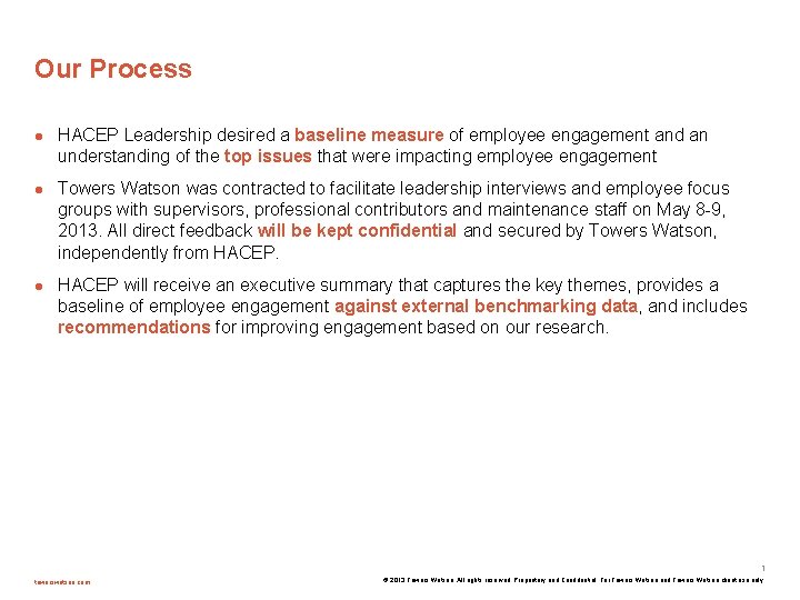 Our Process HACEP Leadership desired a baseline measure of employee engagement and an understanding