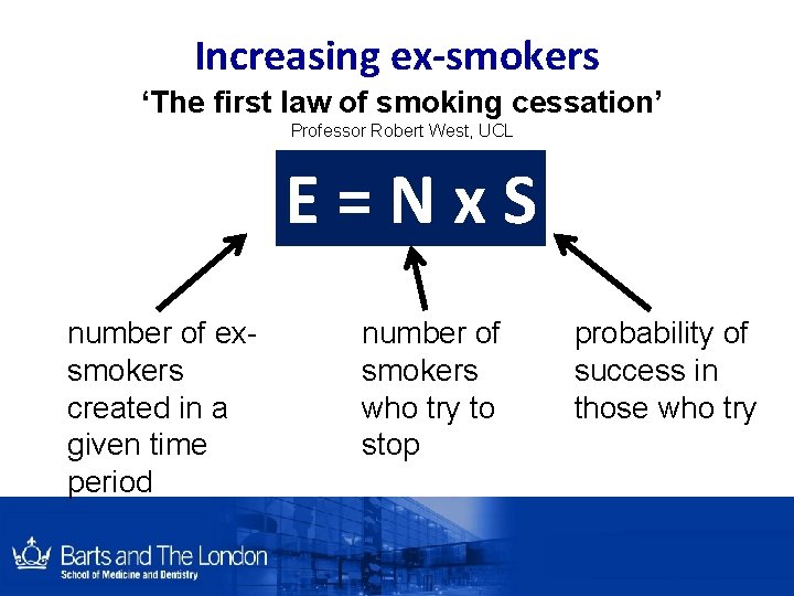 Increasing ex-smokers ‘The first law of smoking cessation’ Professor Robert West, UCL E=Nx. S Increasing ex-smokers ‘The first law of smoking cessation’ Professor Robert West, UCL E=Nx. S