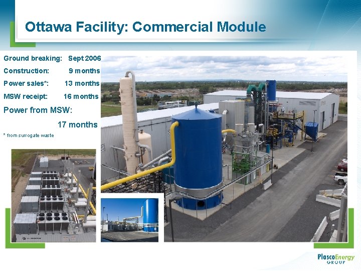 Ottawa Facility: Commercial Module Ground breaking: Sept 2006 Construction: 9 months Power sales*: 13