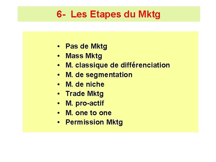 6 - Les Etapes du Mktg • • • Pas de Mktg Mass Mktg