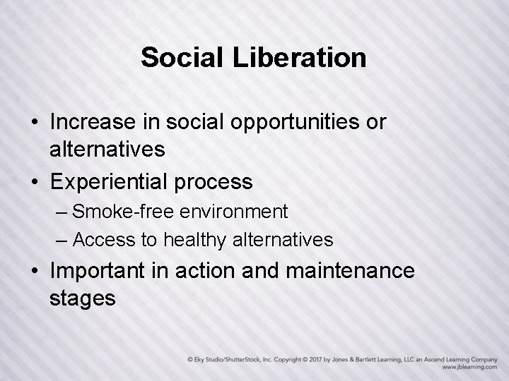 Social Liberation • Increase in social opportunities or alternatives • Experiential process – Smoke-free