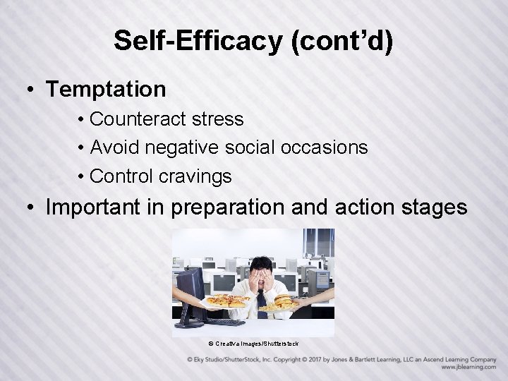 Self-Efficacy (cont’d) • Temptation • Counteract stress • Avoid negative social occasions • Control