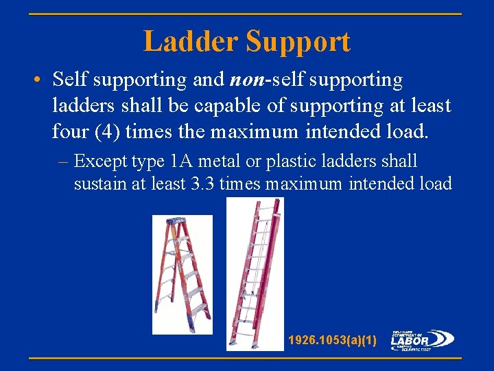 Ladder Support • Self supporting and non-self supporting ladders shall be capable of supporting