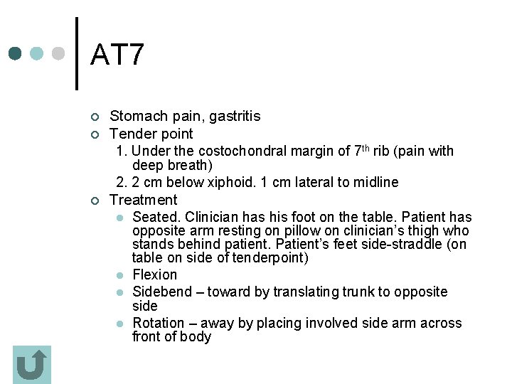 AT 7 ¢ ¢ ¢ Stomach pain, gastritis Tender point 1. Under the costochondral
