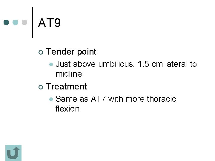 AT 9 ¢ Tender point l ¢ Just above umbilicus. 1. 5 cm lateral
