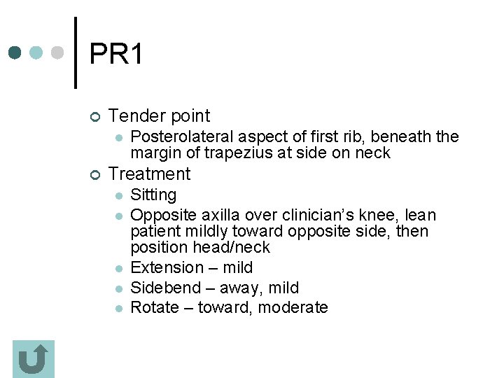 PR 1 ¢ Tender point l ¢ Posterolateral aspect of first rib, beneath the