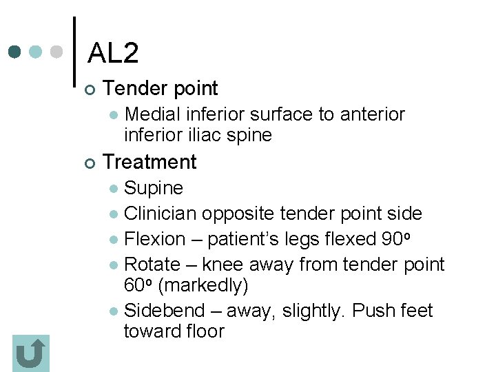AL 2 ¢ Tender point l ¢ Medial inferior surface to anterior inferior iliac