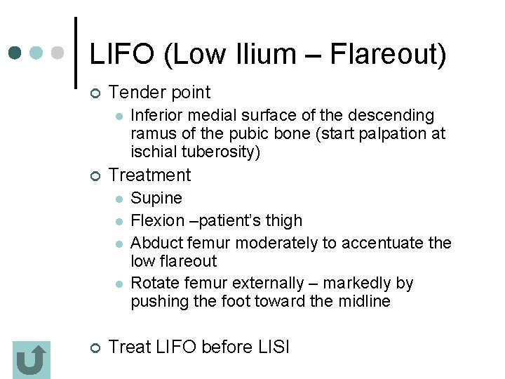 LIFO (Low Ilium – Flareout) ¢ Tender point l ¢ Treatment l l ¢