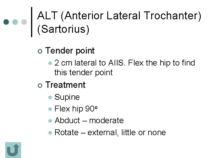 ALT (Anterior Lateral Trochanter) (Sartorius) ¢ Tender point l ¢ 2 cm lateral to