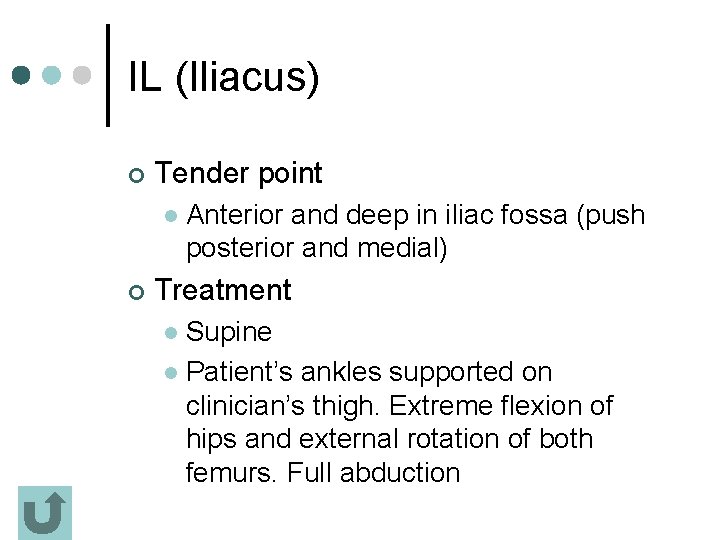 IL (Iliacus) ¢ Tender point l ¢ Anterior and deep in iliac fossa (push