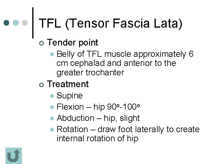 TFL (Tensor Fascia Lata) ¢ Tender point l ¢ Belly of TFL muscle approximately