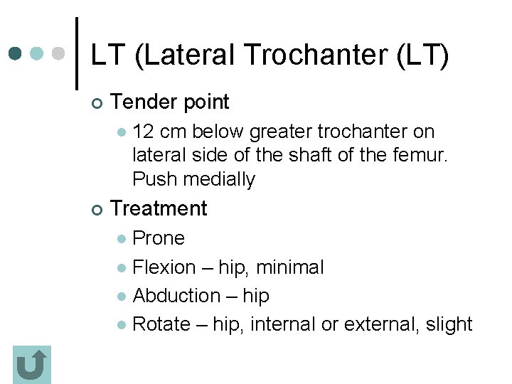 LT (Lateral Trochanter (LT) ¢ Tender point l ¢ 12 cm below greater trochanter