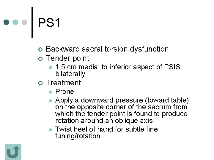 PS 1 ¢ ¢ Backward sacral torsion dysfunction Tender point l ¢ 1. 5