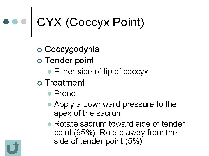 CYX (Coccyx Point) Coccygodynia ¢ Tender point ¢ l ¢ Either side of tip