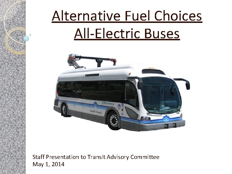 Alternative Fuel Choices All-Electric Buses Staff Presentation to Transit Advisory Committee May 1, 2014