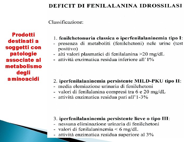 Prodotti destinati a soggetti con patologie associate al metabolismo degli aminoacidi 