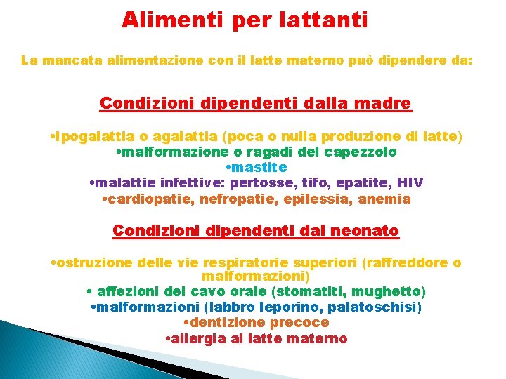 Alimenti per lattanti La mancata alimentazione con il latte materno può dipendere da: Condizioni